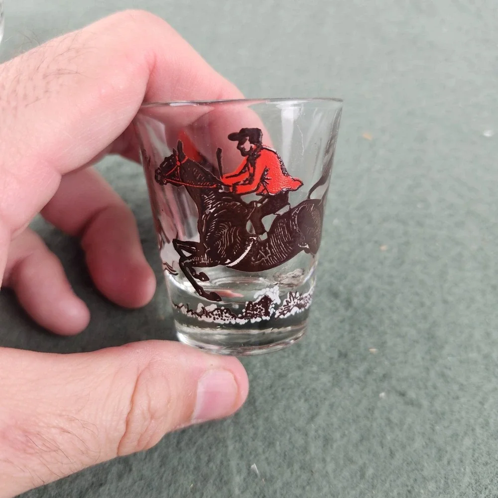 3 Lot Vintage Glass Shot Glass Drinking Cartoon Barware Night Cap‎ Fox Hunt